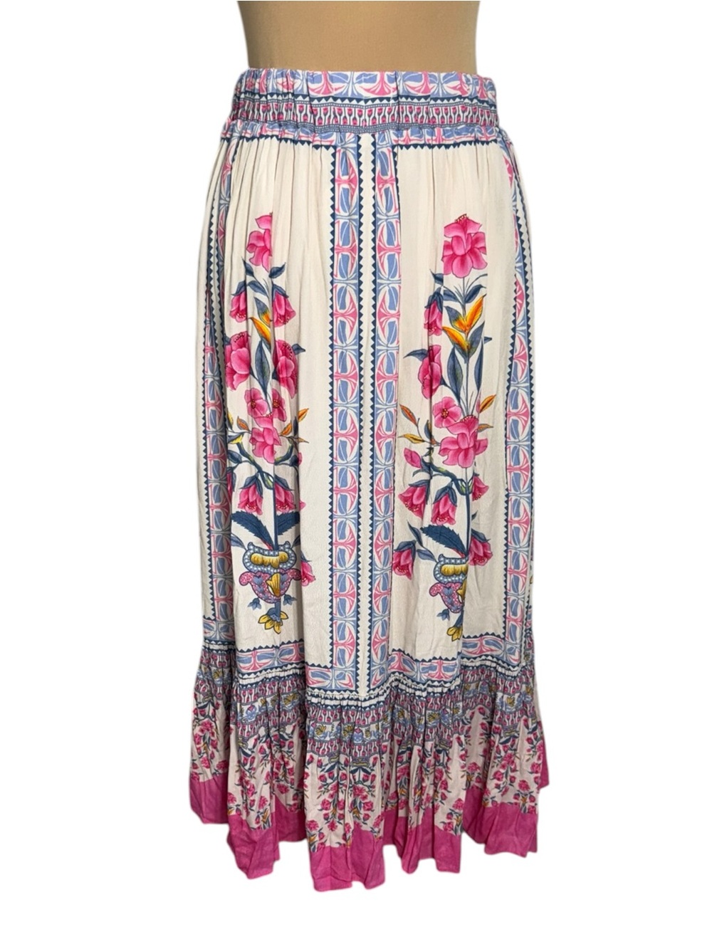 NWT Farmers Market Boho Floral Smocked Maxi Skirt Medium Pink Ivory Floral Print - Picture 6 of 10